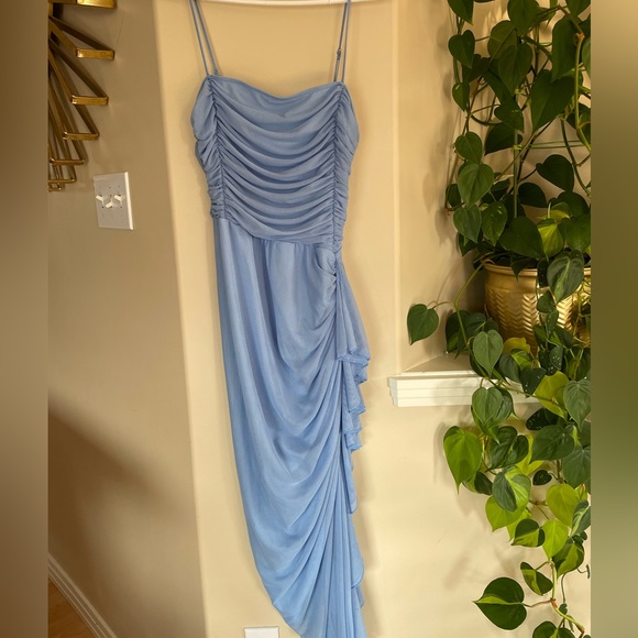 FASHION NOVA Blue Ruched Asymmetrical Bodycon Dress - Picture 2 of 5